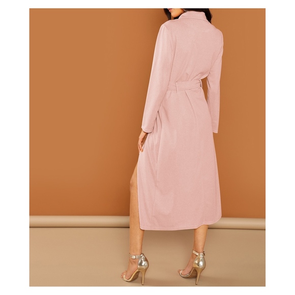 Blush Pink Belted Peak Collar Trench Dress - Picture 2 of 6